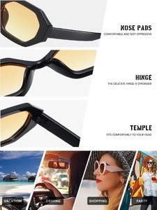 Detail of nose pads, hinges and temples on vintage square sunglasses with four usage scenes
