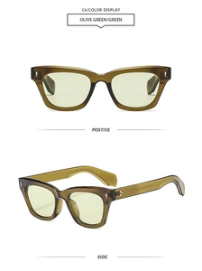 Detail view of olive green square sunglasses with yellow lenses and metallic rivets
