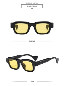 Vue détaillée des lunettes de soleil carrées noires rétro avec verres jaunes
