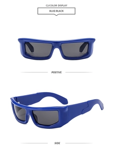 Vues de face et de côté de lunettes de soleil carrées bleues avec monture épaisse