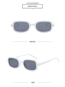 Vues détaillées de lunettes de soleil carrées blanches avec rivets et verres gris foncé