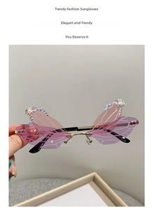 Detail of dragonfly wing shaped rimless sunglasses with pink gradient lens and rhinestones