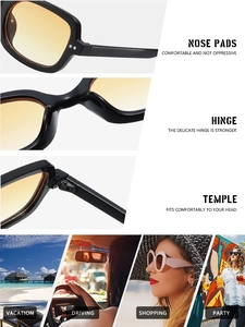 Vue détaillée de lunettes de soleil vintage carrées avec verres orange et charnières