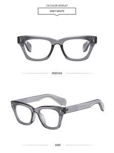 Detail view of square grey translucent frames with silver metal rivets on the temples