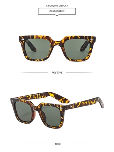 Retro square tortoiseshell sunglasses with green lenses and silver arrow rivets