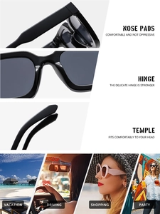 Detail view of comfortable nose pads and durable hinges on black square sunglasses