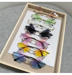 Macro detail of rimless dragonfly wing sunglasses with gradient lenses and rhinestones