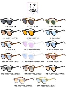 Detailed grid view showing 17 color variations of retro oval frame sunglasses