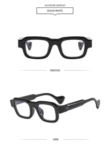 Close-up of black retro square frame sunglasses showing front and side views