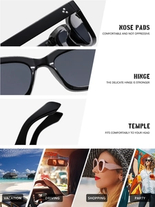 Detail of square black sunglasses showing comfy nose pads, metal hinges and lifestyle scenes