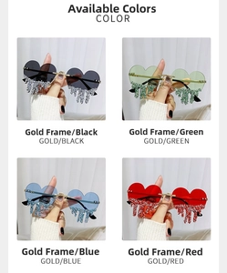 Detail of heart-shaped rimless sunglasses with rhinestone tassel in four assorted colors