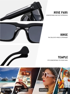 Vista detallada de gafas de sol negras cuadradas con almohadillas y bisagras de metal