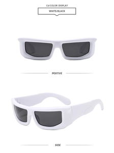 Vues frontale et latérale de lunettes de soleil blanches rectangulaires avec verres foncés Y2K