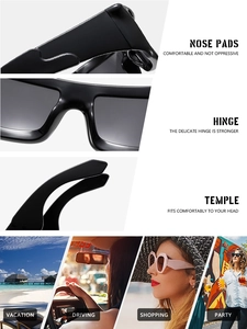 Détails des lunettes de soleil carrées avec plaquettes de nez et charnières robustes