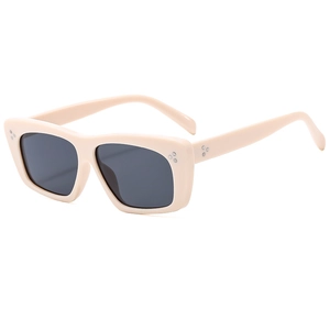 Retro cream square sunglasses with dark grey lenses and silver triple rivet details