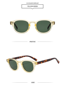 Detail view of oval retro sunglasses with yellow frame and green lenses in two angles