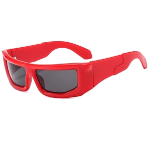 Fashionable oversized red square sunglasses with thick temples and dark grey lenses