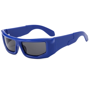 Trendy bold blue square sunglasses with thick frames and dark lenses in Y2K style