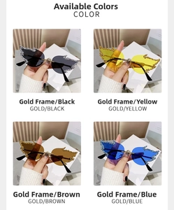 Detailed views of fire-shaped rimless sunglasses with rhinestones in four fashion colors