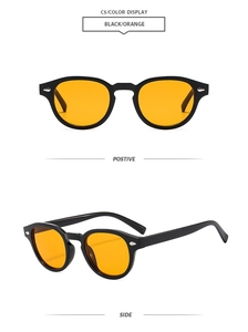 Front and side view of retro oval sunglasses with black frames and orange lenses