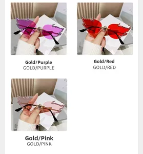 Detail view of flame-shaped rimless sunglasses with sparkling rhinestones in three colors