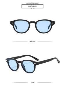 Front and side view of retro oval sunglasses with black frames and light blue lenses