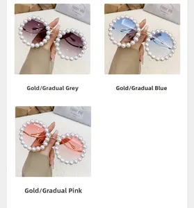 Detailed close-up of luxury round metal sunglasses with pearl frame in three gradient colors