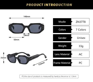 Detailed size chart and technical specifications for these unisex hexagonal sunglasses