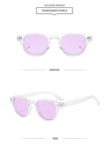 Detail of transparent purple oval sunglasses with metal hinges and retro resin frame