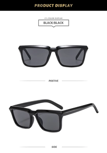 Detailed front and side views of classic black square oversized fashion sunglasses