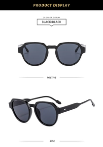 Vue macro de lunettes de soleil géométriques noires avec détails argentés et fini brillant