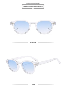 Detail view of oval C11 sunglasses with transparent frames and blue gradient lenses