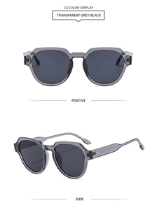 Détails de lunettes de soleil rétro gris transparent avec verres noirs, vues de face et de profil