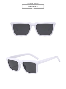 Front and 45-degree views of square white frame sunglasses with dark grey lenses