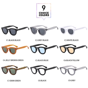 Detailed catalog of retro oval sunglasses showing nine assorted frame and lens colors