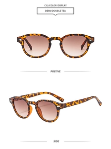 Front and side view of retro oval sunglasses with demi frames and metal rivet accents