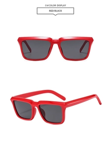 Detail view of red square frame sunglasses with black lenses from multiple angles