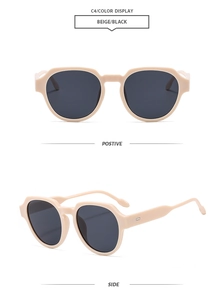 Détails de la monture épaisse beige et verres ronds noirs de lunettes de soleil rétro