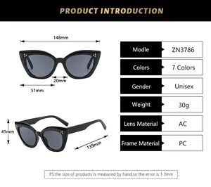 Tabella taglie occhiali da sole cat-eye ZN3786 con dettagli lenti e montatura