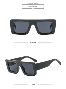 Front and side views of chunky rectangular sunglasses with thick black frames and grey lenses
