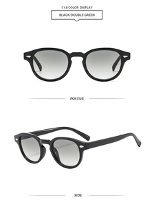 Detail view of retro oval sunglasses with silver arrow rivets and green gradient lenses