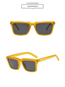 Front and side view of square yellow translucent sunglasses with black lenses