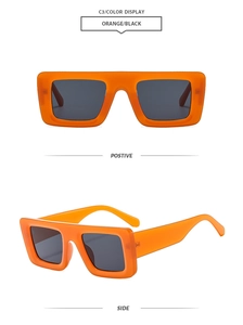 Front and side views of chunky orange square frame sunglasses with black lenses