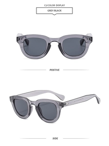 Front and side views of chunky oval sunglasses with grey translucent frames and dark lenses