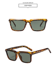 Detailed views of retro square sunglasses with demi frames and dark green lenses