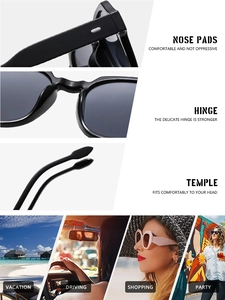 Détails de lunettes de soleil rétro noires avec plaquettes et scènes de vie réelles