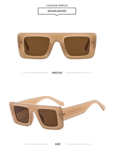 Detailed front and side views of oversized translucent brown square frame sunglasses