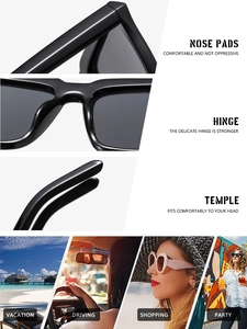 Detail of nose pads and metal hinges on black square sunglasses with lifestyle scenes