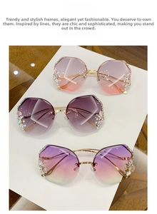 Detail of luxury rimless sunglasses with gradient lenses and rhinestone flower accents