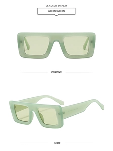 Detailed front and side views of mint green oversized rectangular fashion sunglasses